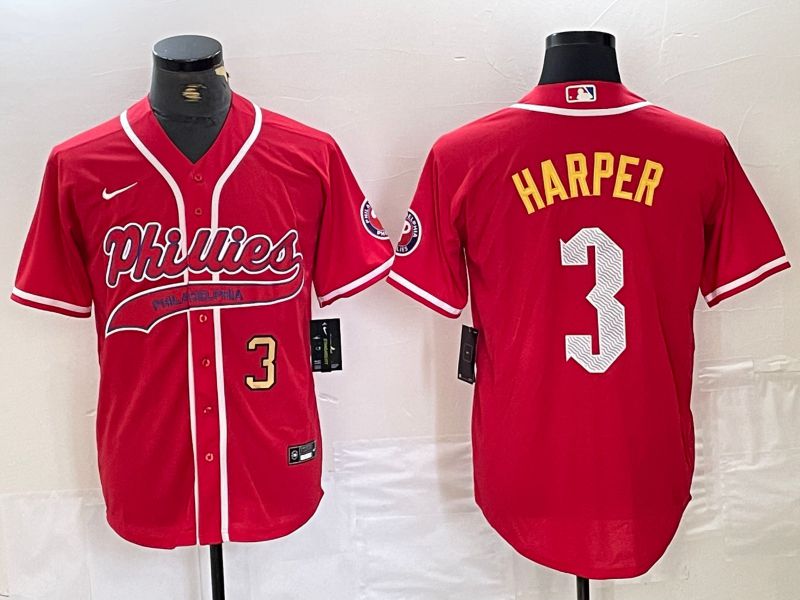 Men Philadelphia Phillies 3 Harper Red Jointly Nike 2024 MLB Jersey style 3